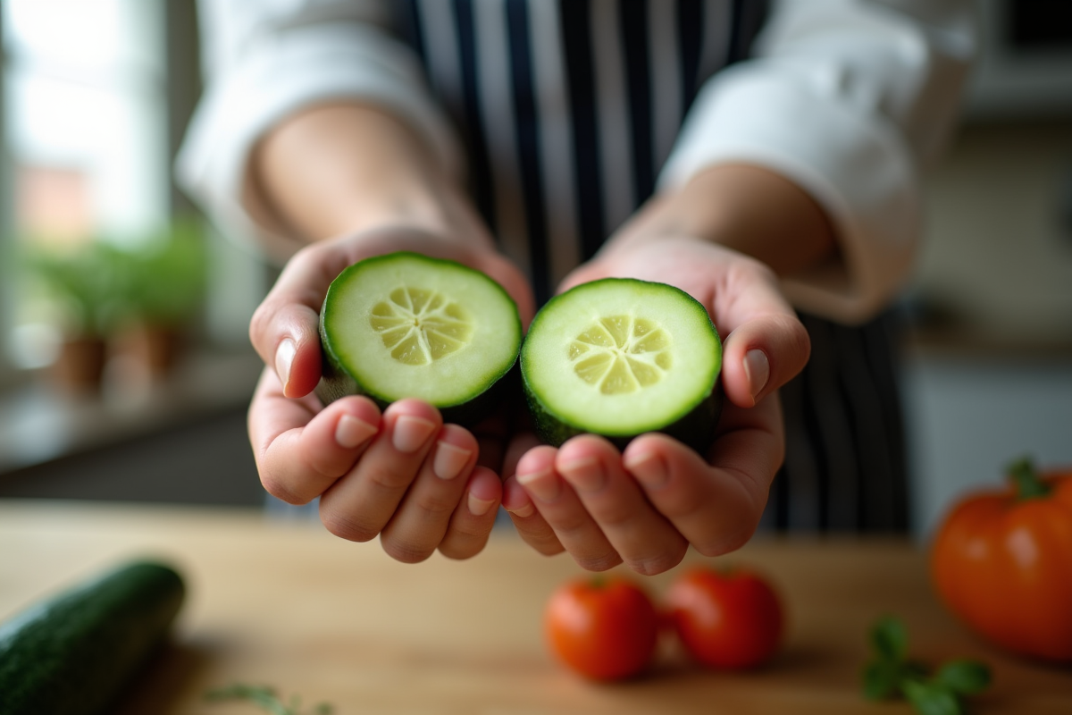 Chef tenant un concombre et une courgette en main dans la cuisine