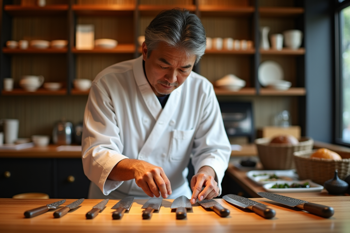 Chef japonais inspectant des couteaux de sushi haut de gamme