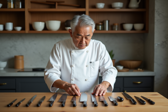 Chef japonais en cuisine moderne examinant des couteaux traditionnels