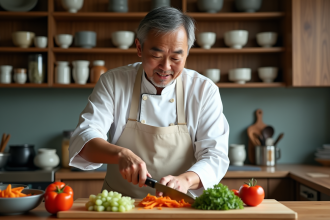Chef japonais en cuisine moderne coupe des légumes frais