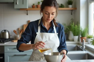 Chef professionnelle versant 12,5 cl de liquide dans un bol en inox avec une tasse à mesurer graduée sur un plan de travail en marbre