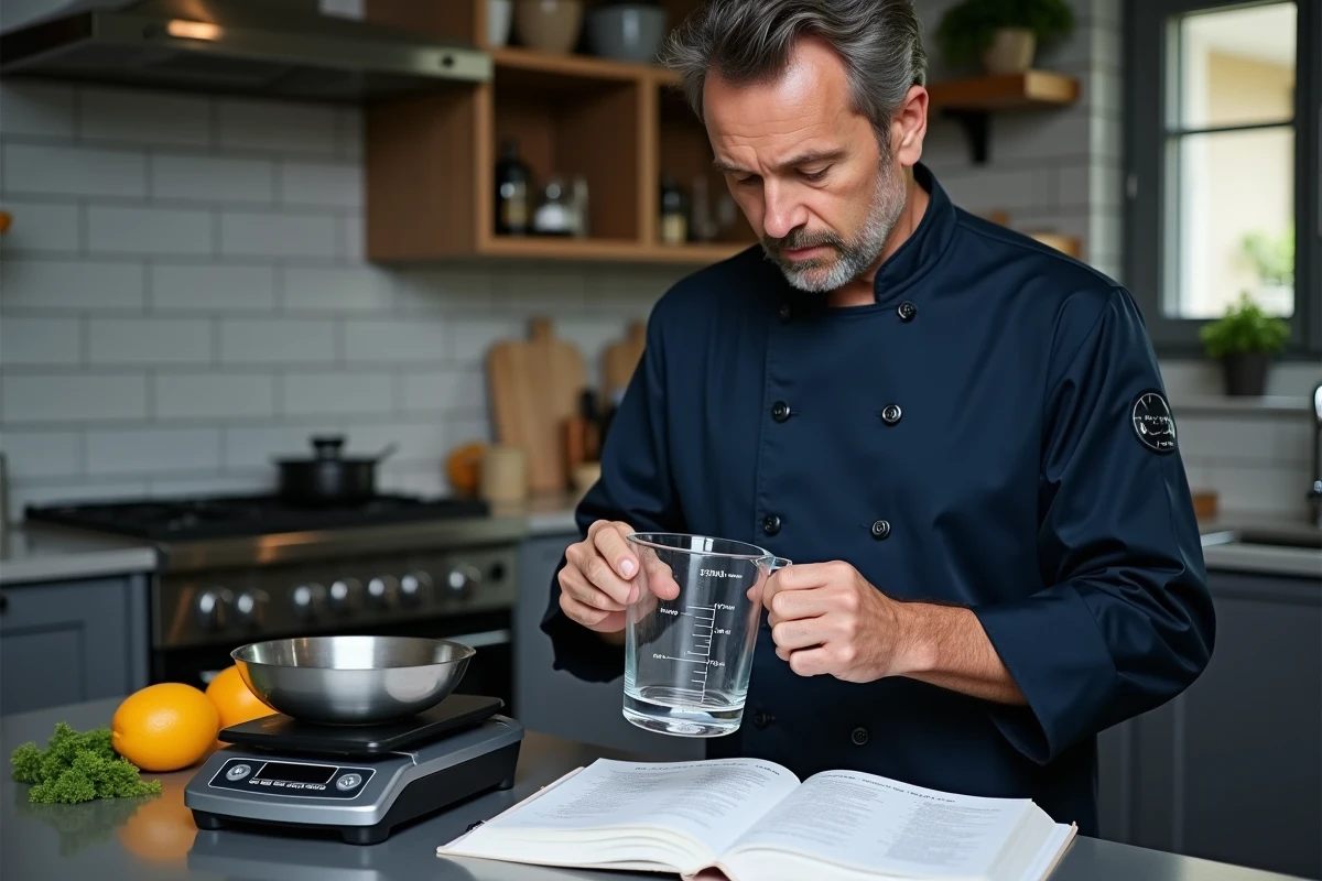 Homme en veste de chef comparant une balance de précision et un verre doseur en verre dans une cuisine professionnelle avec un livre de cuisine ouvert sur des conversions de mesures
