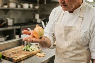 Chef professionnel tenant un oignon dans la main pour estimer son poids sans balance dans une cuisine professionnelle