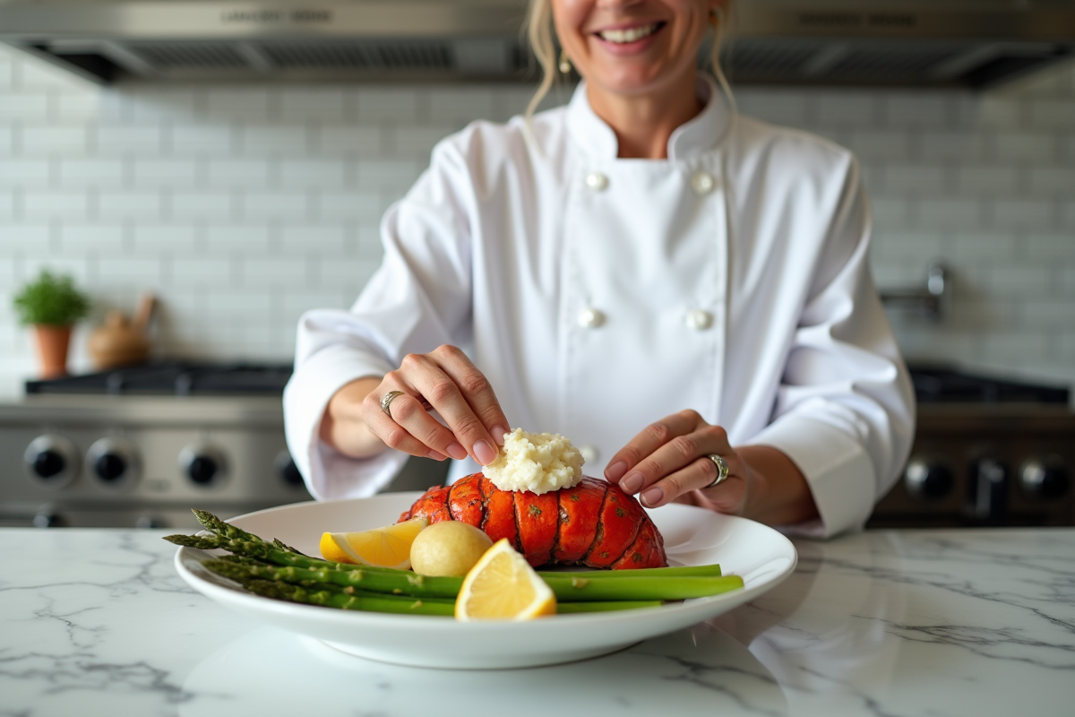 Chef en blanc dressant des langoustines avec légumes frais