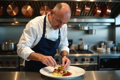 Chef en cuisine moderne en train de dresser un plat délicat