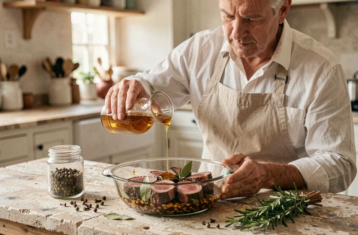Chef versant du miel doré sur des médaillons de chevreuil dans un plat de marinade aux épices