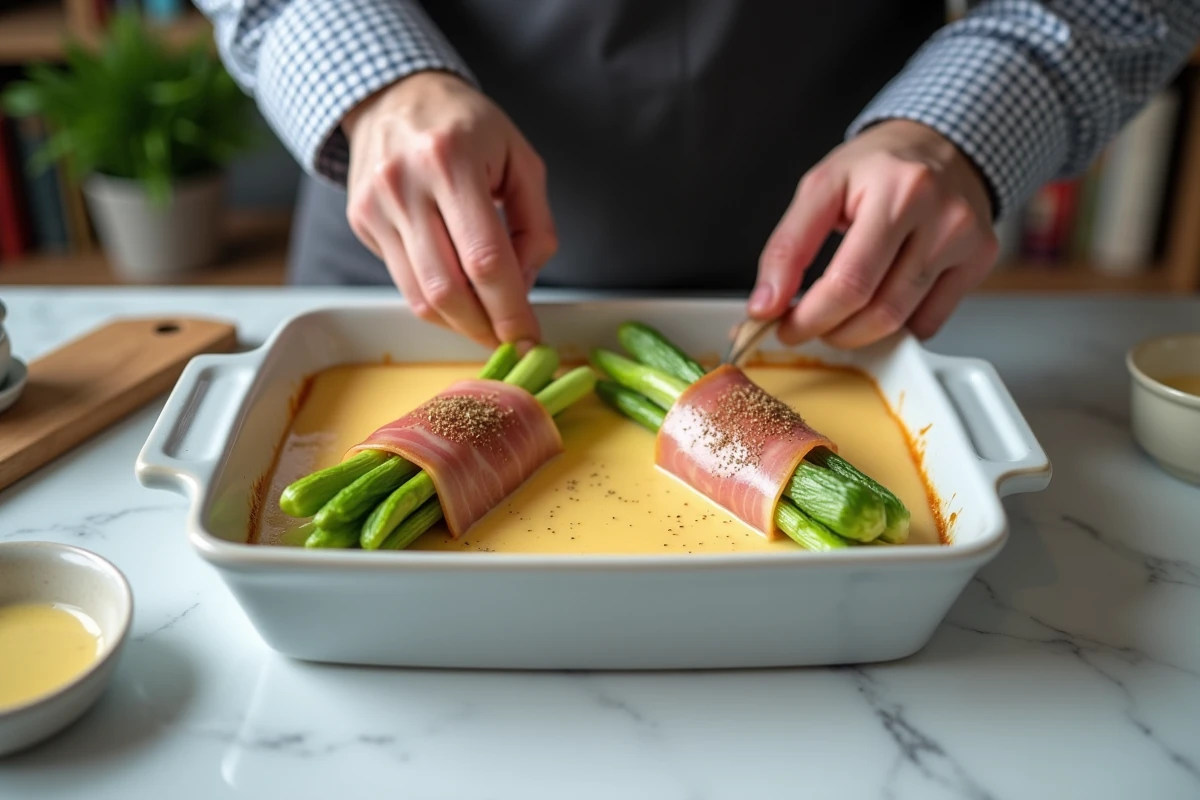 Chef préparant des endives au jambon en cuisine moderne