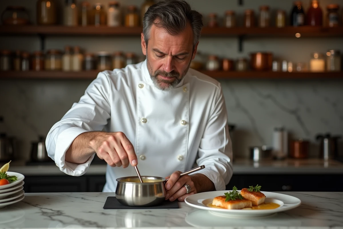Chef en cuisine remuant sauce aux échalotes dans une casserole
