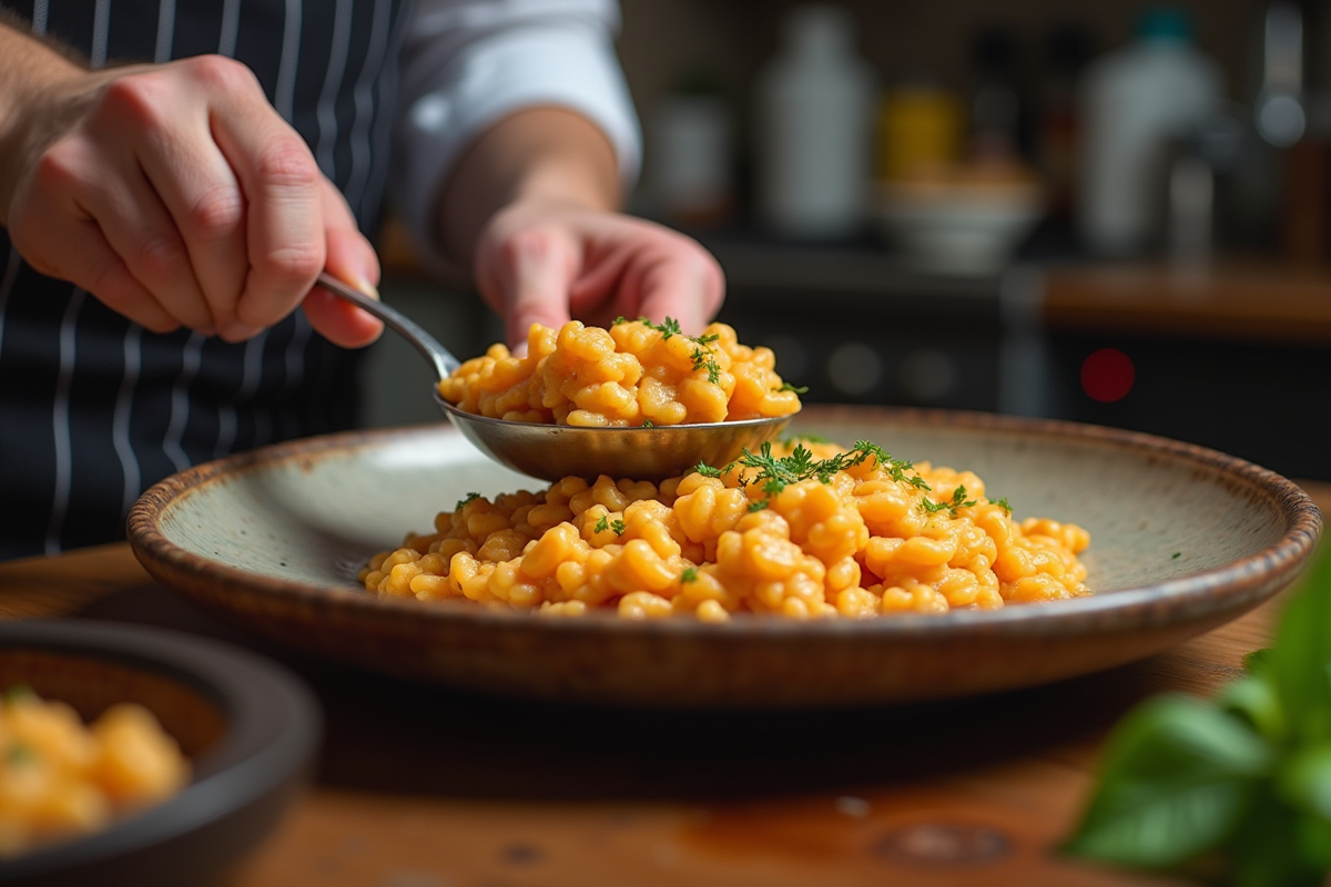 Chef servant un risotto au chorizo dans une assiette rustique