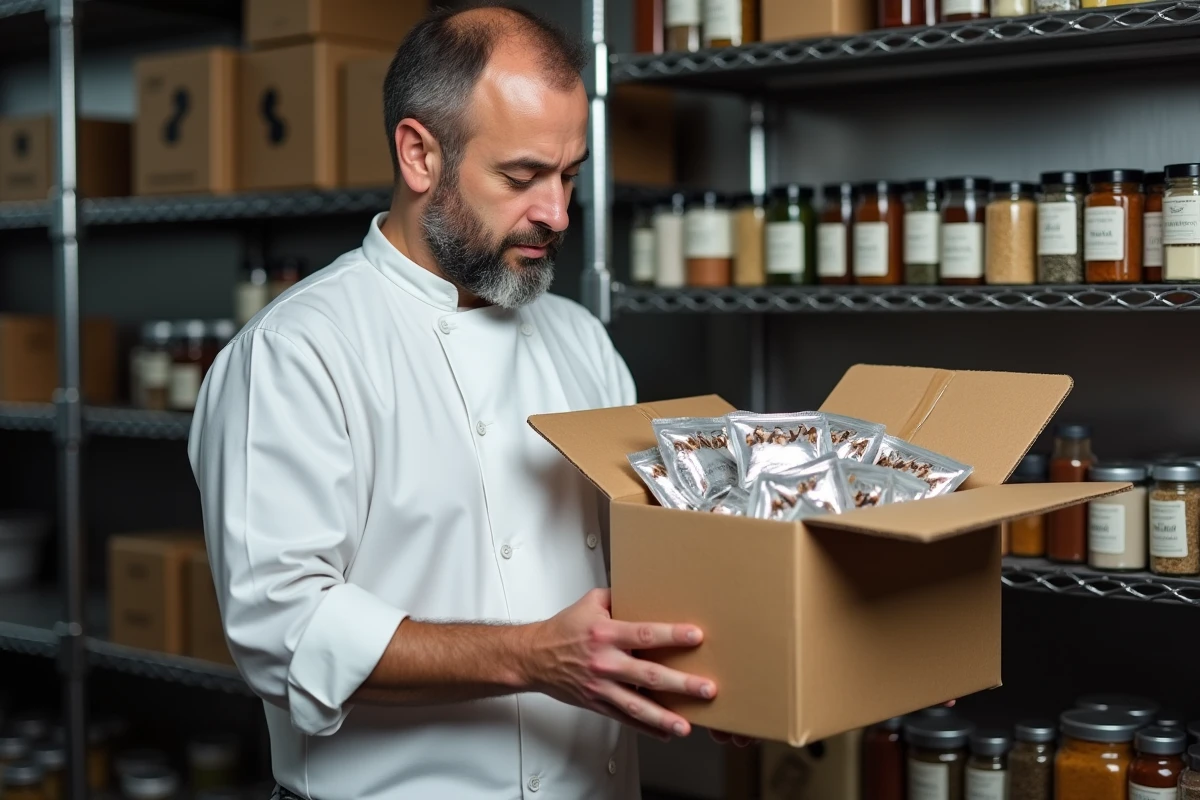 Chef cuisinier inspectant un carton de gousses de vanille achetées en gros pour réduire le coût au kilo