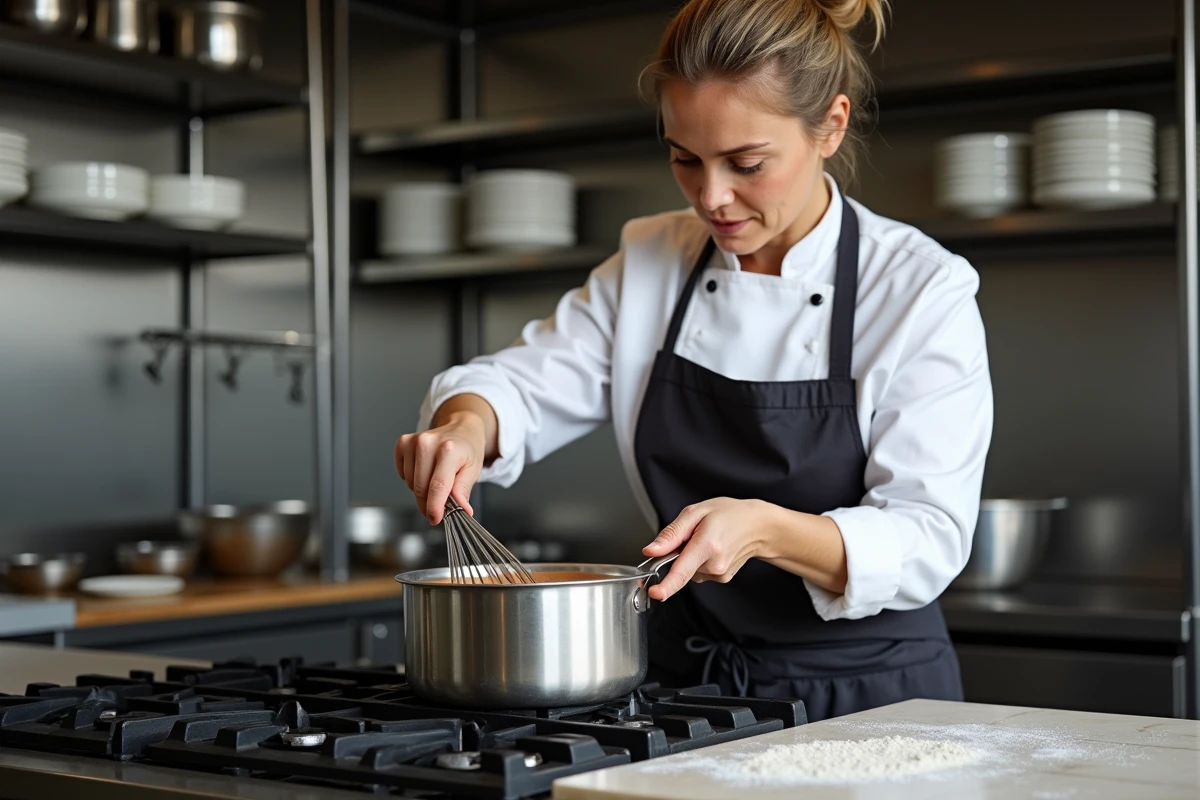Cheffe pâtissière préparant une crème pâtissière au chocolat au lait dans une casserole en inox dans une cuisine professionnelle