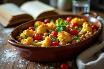 Plat de chou-fleur rôti aux tomates cerises et pois chiches dans un plat en céramique rustique sur une table en bois