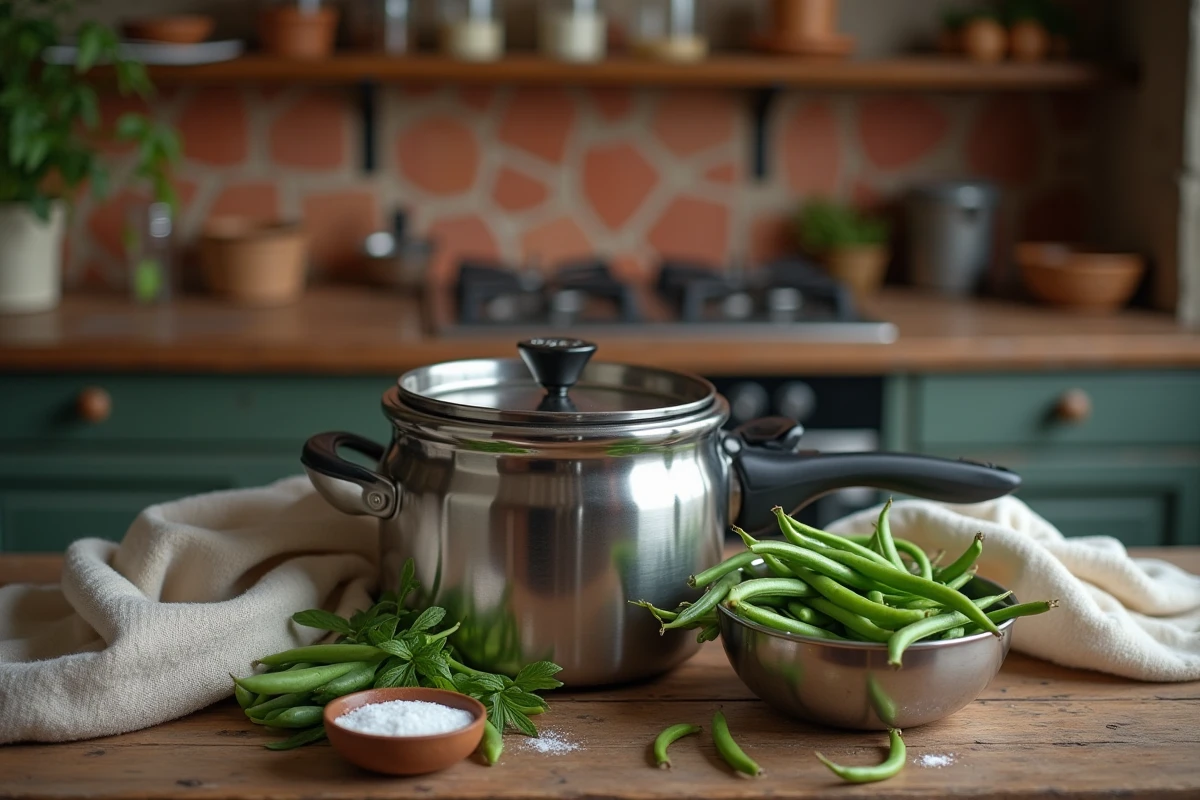 Cocotte minute ouverte avec haricots verts frais, passoire et sel gros sur une table de cuisine rustique