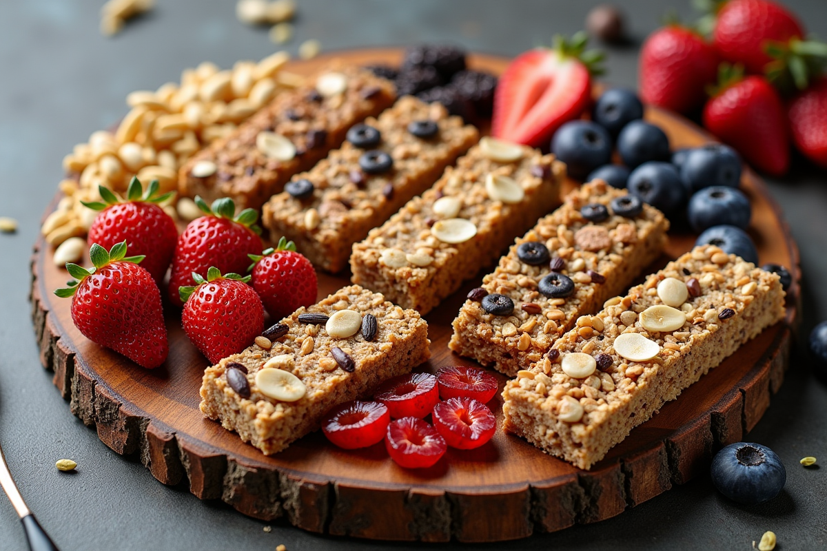 Assortiment de snacks sains sans sucres sur planche en bois