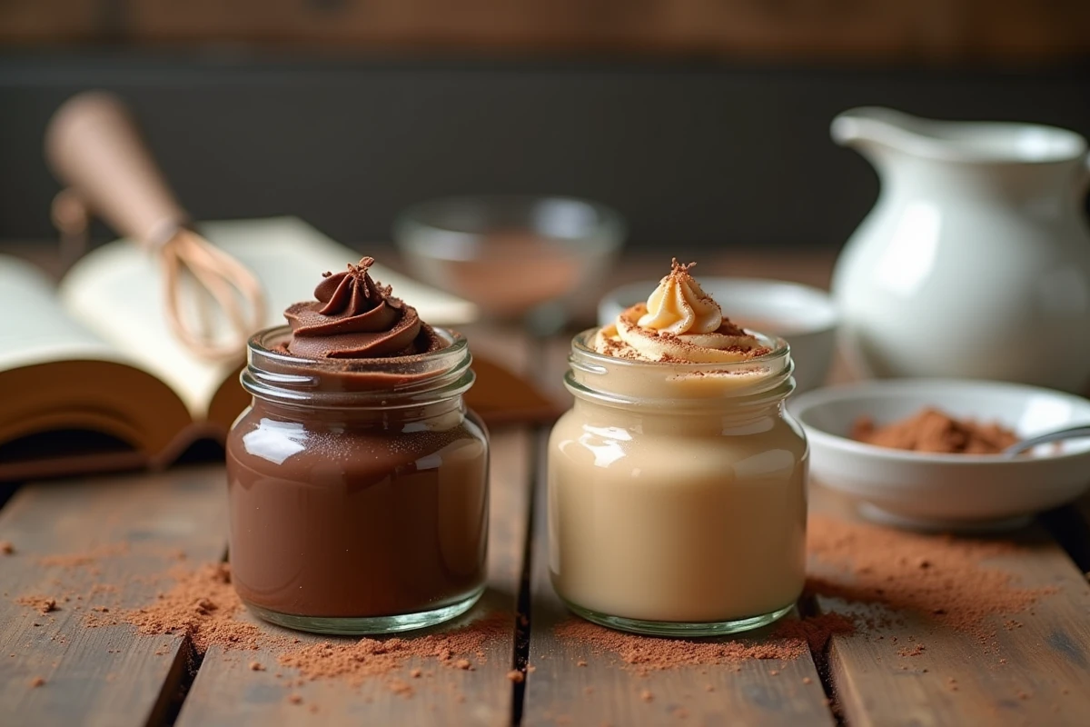Comparaison de crème pâtissière au chocolat noir et au chocolat au lait dans deux petits pots en verre sur une table en bois rustique