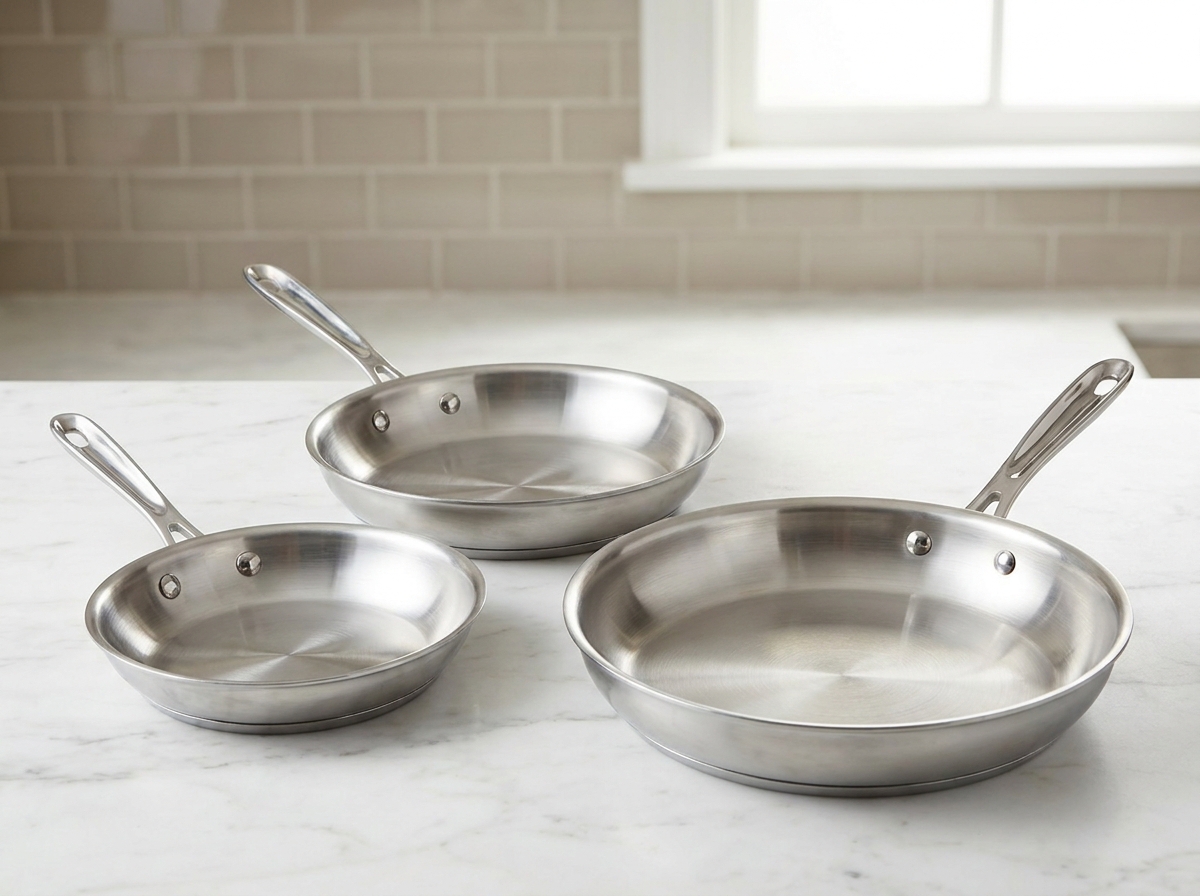 Comparatif de trois poêles inox de différentes tailles disposées sur un plan de travail en marbre blanc
