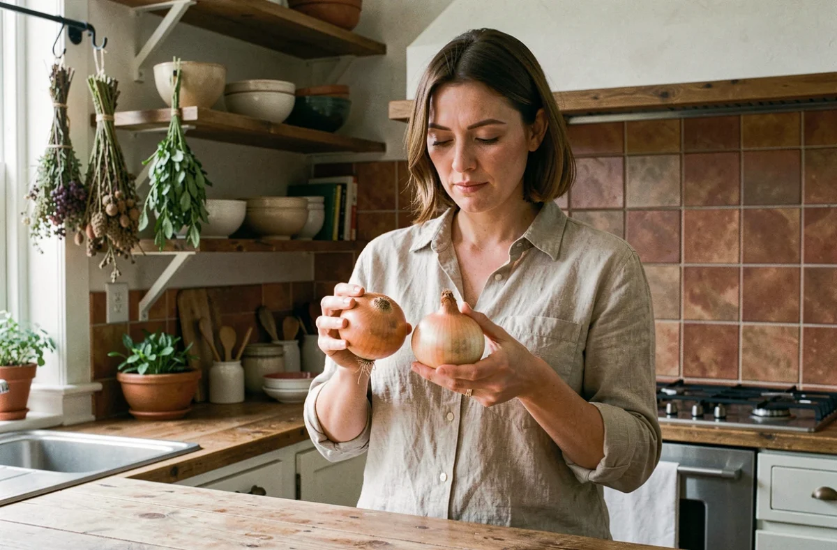Femme comparant deux oignons de tailles différentes pour estimer leur poids sans balance dans une cuisine maison