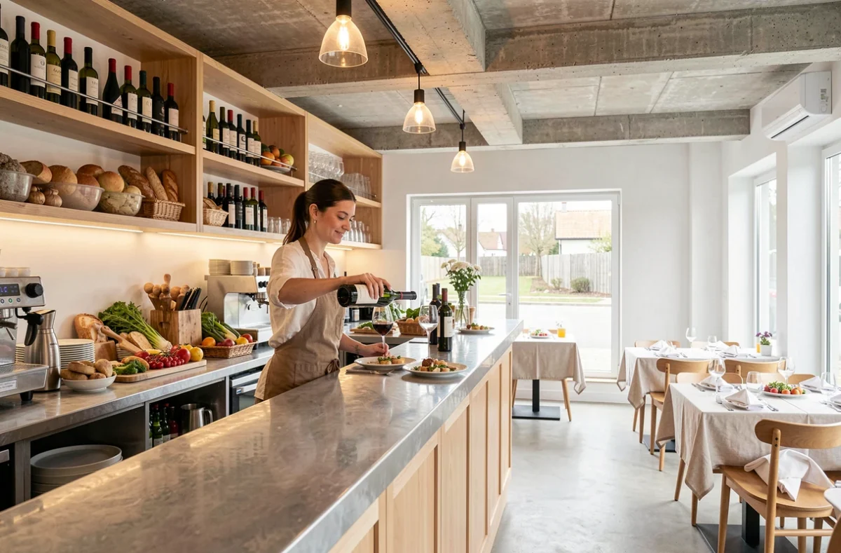 Intérieur contemporain du Comptoir de Serris près de Marne-la-Vallée, avec bar en zinc et salle de restaurant moderne