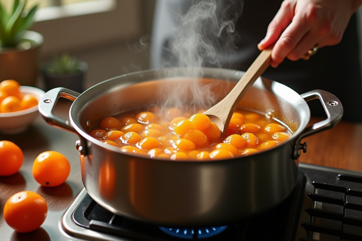 Confiture de kumquat en train de mijoter dans une casserole