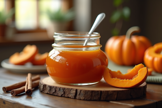 Pot de confiture de courge maison sur table rustique
