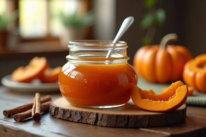 Pot de confiture de courge maison sur table rustique