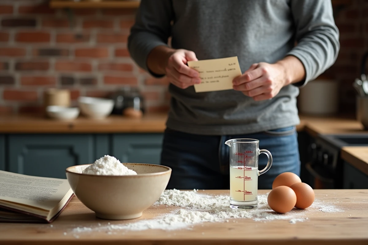Homme consultant une fiche de recette manuscrite avec un pichet gradué à 125 ml posé sur une table en bois rustique dans une cuisine campagnarde