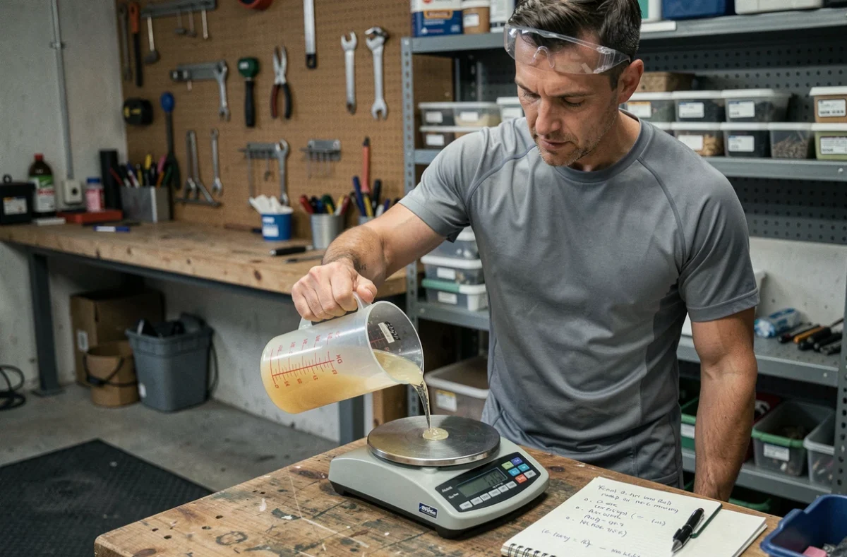 Bricoleur en atelier convertissant un volume de résine en kilogrammes sur une balance de précision pour un projet de bricolage