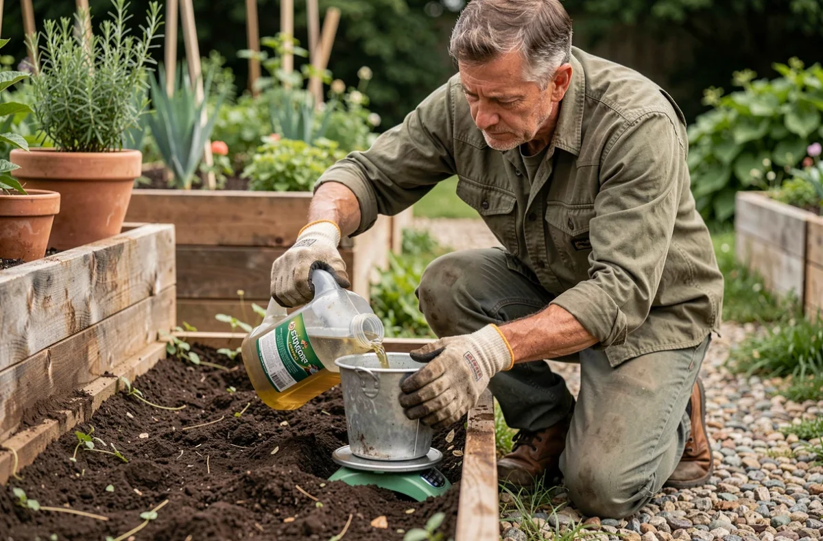 Jardinier convertissant un volume de fertilisant liquide en poids sur une balance portative dans un potager