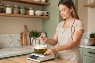 Femme en cuisine convertissant des litres en kilogrammes avec une balance numérique et un verre doseur sur un plan de travail en bois