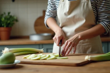 Femme coupant des poireaux en rondelles régulières sur une planche en bois dans une cuisine rustique pour garnir une quiche