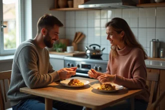 Couple souriant partageant un dîner d'endives au jambon