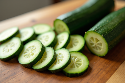 Courgettes et concombres tranchés sur plan de travail lumineux