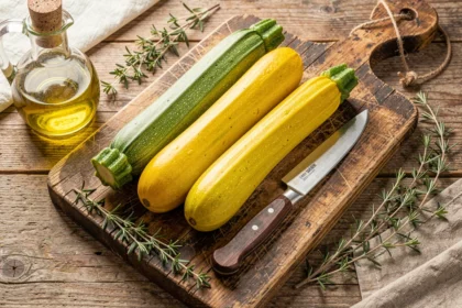 Courgettes fraîches sur une planche en bois avec huile d'olive et herbes