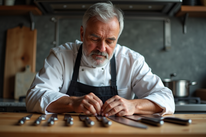 Chef inspectant des couteaux de cuisine haut de gamme