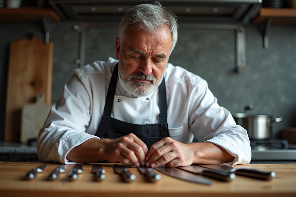 Chef inspectant des couteaux de cuisine haut de gamme