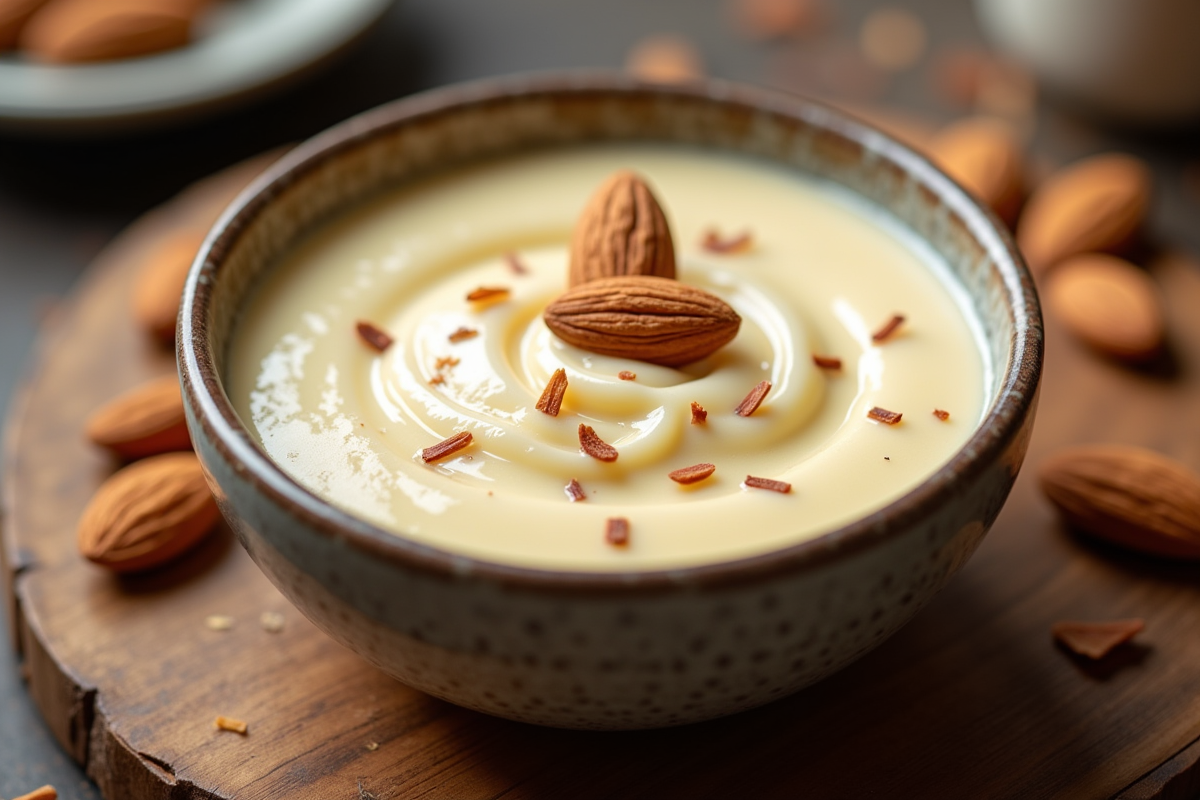 Crème d'amande dans un bol en céramique rustique
