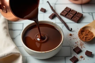 Crème pâtissière au chocolat noir versée dans un bol en céramique sur un plan de travail en marbre dans une pâtisserie artisanale