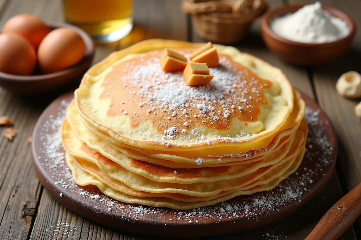 Pile de crêpes dorées sur une table en bois avec bière et ingrédients