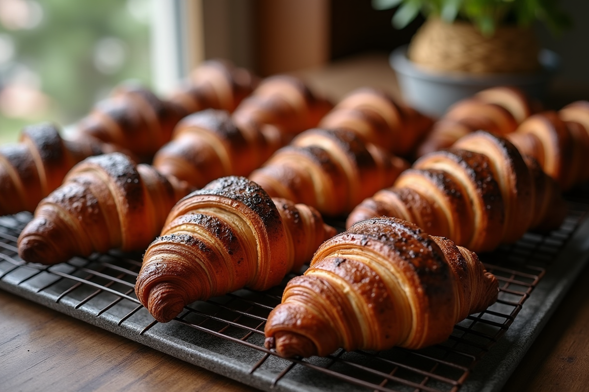 Croissants au chocolat brûlés avec bords sombres sur une grille de refroidissement
