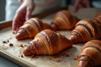 Main d’un boulanger posant des croissants maison au chocolat sur un plateau