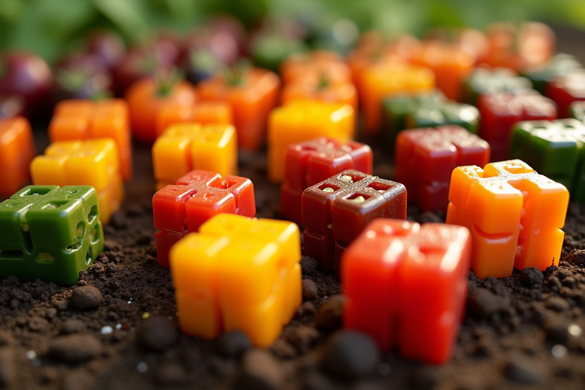 Cubes de légumes colorés alignes sur la terre humide en plein air