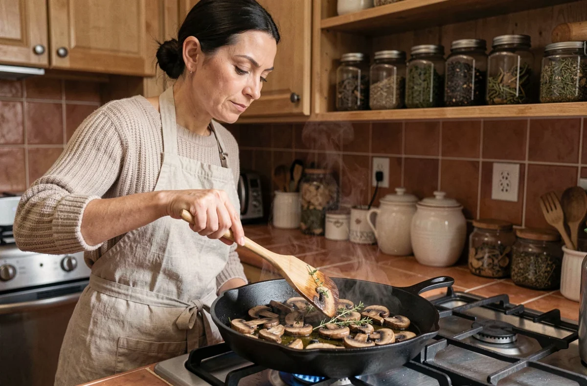 Femme cuisinant des champignons Charbonnier à la poêle en fonte dans une cuisine rustique