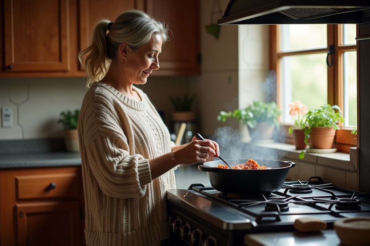 Femme d'âge moyen cuisinant un ragoût dans une cuisine rustique