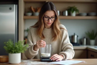 Femme mesurant des ingrédients dans une cuisine moderne