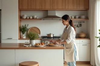 Cuisine familiale moderne avec meubles So Cooc blanc mat et plan de travail en bois, mère préparant un repas à l'îlot central