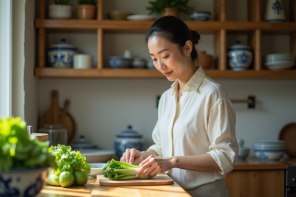 Femme chinoise préparant des légumes frais dans la cuisine