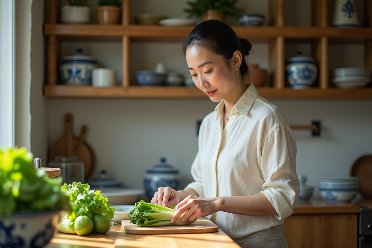 Femme chinoise préparant des légumes frais dans la cuisine
