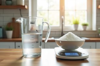 Plan de cuisine avec un verre doseur et un bol de sucre blanc