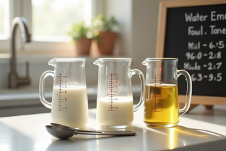 Plan de cuisine moderne avec tasses doseuses et tableau de conversion