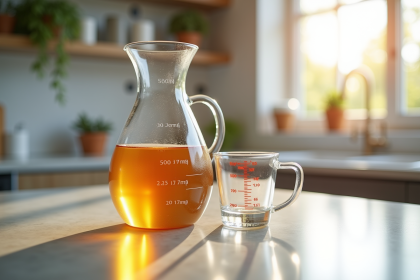 Verre doseur de 500 ml à côté d'un verre en centilitres en cuisine